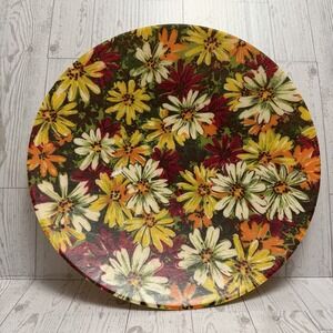 Vintage MCM Fiberglass 15" Shallow Bowl Floral Serving Salad '60s Flowers Red‎